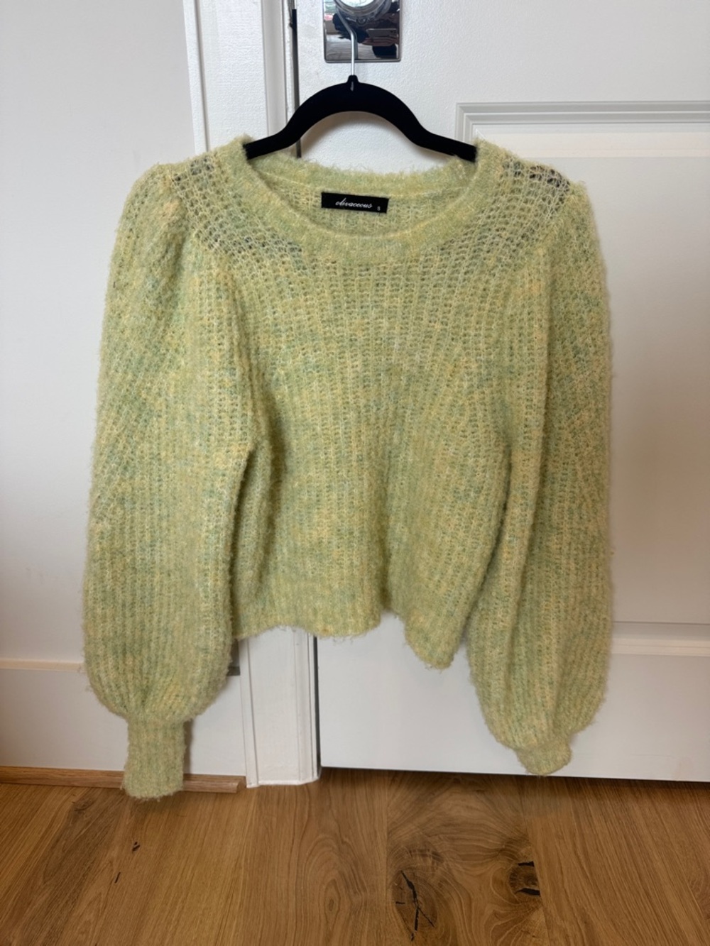 Olivaceous Soft Pale Lime Mohair Balloon Sleeve Crewneck Sweater